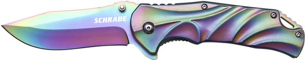 zatvárací nôž SCH509R Schrade Rainbow Titanium Coated 9Cr18MoV Steel, Aluminum Handle, Liner Lock, Thumb Studs