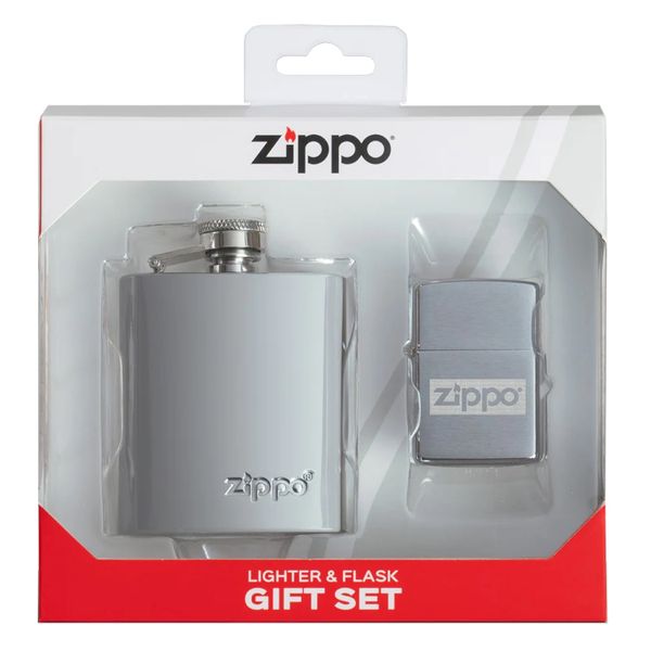 ZIPPO Lighter + Flask Gift Set - benzínový zapaľovač a ploskačka ZIPPO - chrómové prevedenie